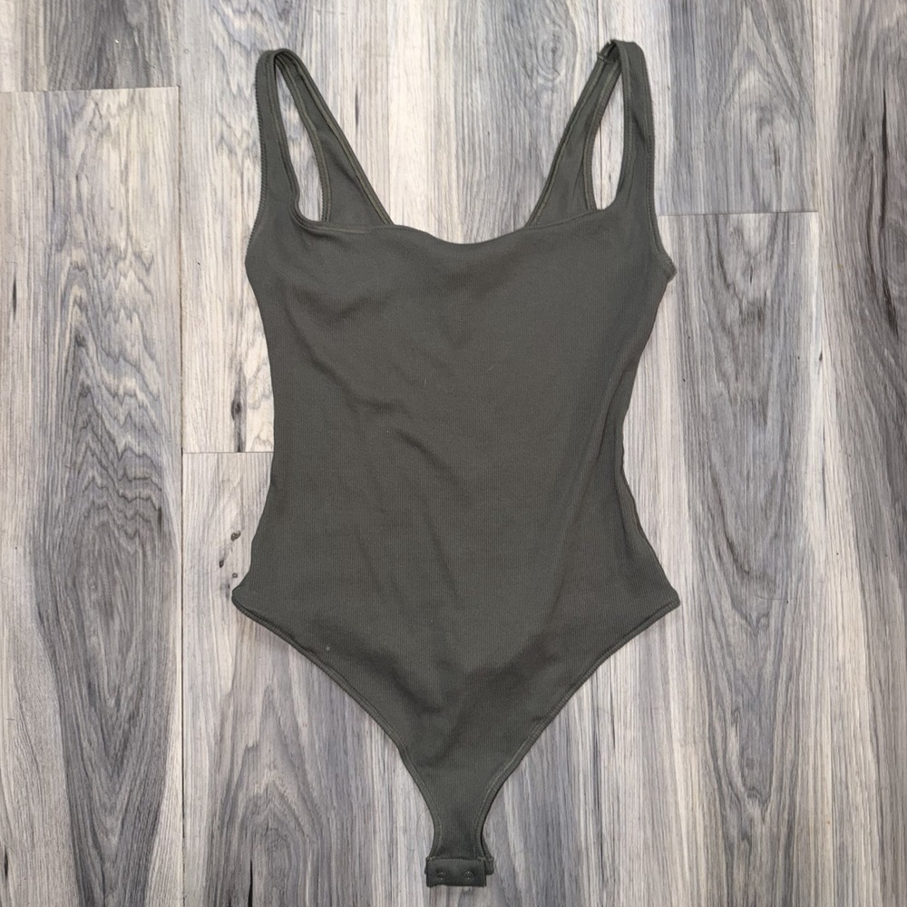 Skims Ladies Ribbed Knit Bodysuit Dark Gray Women's Size XL Stretch